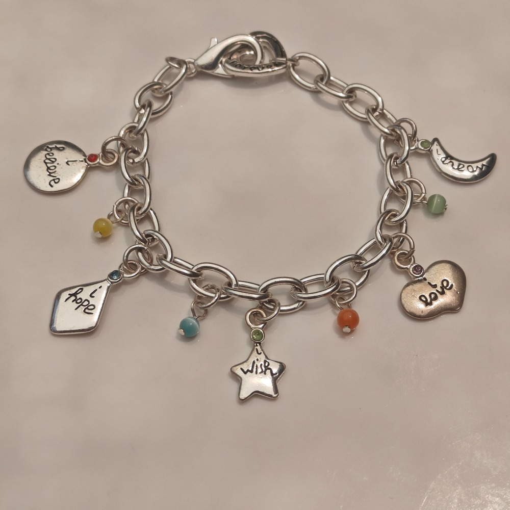 Silver Tone Inspirational Charm Bracelet Love Wish Dream Hope Believe Glass Bead